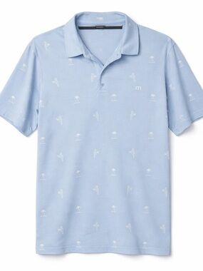 Travis Mathew Golf Polo Blue Palm Parrot Print Mens L Coastal Preppy